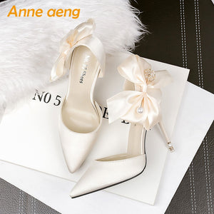 2019 New Summer Women Sandals High Thin Heel Pointed Toe Pearl Buttuerfly-Knot Sweet Bridal Wedding Women Shoes Gold High Heels