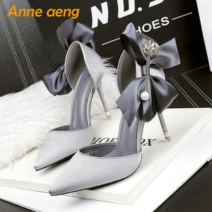 2019 New Summer Women Sandals High Thin Heel Pointed Toe Pearl Buttuerfly-Knot Sweet Bridal Wedding Women Shoes Gold High Heels