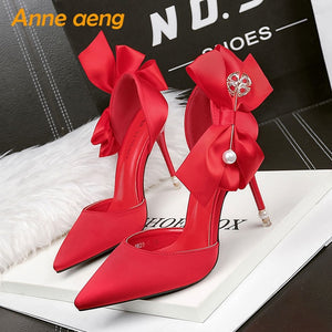 2019 New Summer Women Sandals High Thin Heel Pointed Toe Pearl Buttuerfly-Knot Sweet Bridal Wedding Women Shoes Gold High Heels