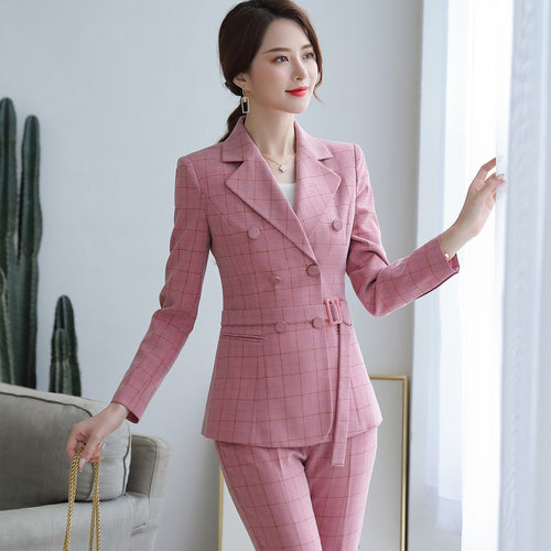 Ladies Suit Pant Suit Pink Khaki Plaid Full Sleeve Double Breasted Jacket+Long Trousers 2 Piece Set Hotel Work Clothes 80322