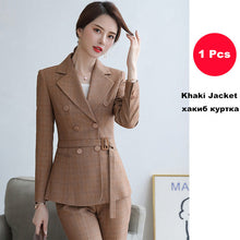 Load image into Gallery viewer, Ladies Suit Pant Suit Pink Khaki Plaid Full Sleeve Double Breasted Jacket+Long Trousers 2 Piece Set Hotel Work Clothes 80322