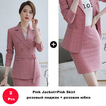 Load image into Gallery viewer, Ladies Suit Pant Suit Pink Khaki Plaid Full Sleeve Double Breasted Jacket+Long Trousers 2 Piece Set Hotel Work Clothes 80322