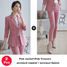 Load image into Gallery viewer, Ladies Suit Pant Suit Pink Khaki Plaid Full Sleeve Double Breasted Jacket+Long Trousers 2 Piece Set Hotel Work Clothes 80322