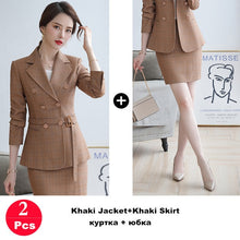 Load image into Gallery viewer, Ladies Suit Pant Suit Pink Khaki Plaid Full Sleeve Double Breasted Jacket+Long Trousers 2 Piece Set Hotel Work Clothes 80322