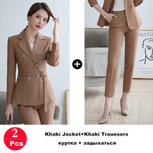 Load image into Gallery viewer, Ladies Suit Pant Suit Pink Khaki Plaid Full Sleeve Double Breasted Jacket+Long Trousers 2 Piece Set Hotel Work Clothes 80322