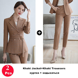 Ladies Suit Pant Suit Pink Khaki Plaid Full Sleeve Double Breasted Jacket+Long Trousers 2 Piece Set Hotel Work Clothes 80322