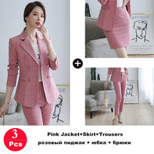 Load image into Gallery viewer, Ladies Suit Pant Suit Pink Khaki Plaid Full Sleeve Double Breasted Jacket+Long Trousers 2 Piece Set Hotel Work Clothes 80322