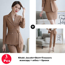 Load image into Gallery viewer, Ladies Suit Pant Suit Pink Khaki Plaid Full Sleeve Double Breasted Jacket+Long Trousers 2 Piece Set Hotel Work Clothes 80322