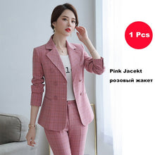 Load image into Gallery viewer, Ladies Suit Pant Suit Pink Khaki Plaid Full Sleeve Double Breasted Jacket+Long Trousers 2 Piece Set Hotel Work Clothes 80322