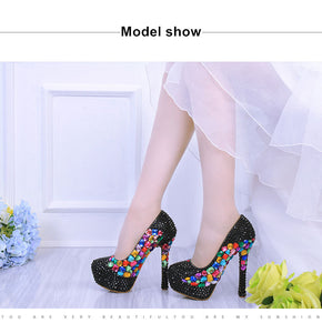 Luxury Black small crystal Wedding shoes 2017 New women shoes party shoes Bridal platform shoes big Multicolor women high heels