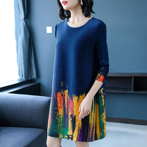 Plus Size Dress Women 2020 Spring Autumn Fashion Printed O neck  Loose Miyake Pleats A Line Dress for women weight 45-80kg