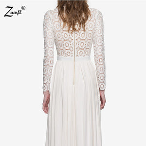 ZAWFL 2019 Hot sale women elegant white lace Long dress  spring hollow out high quality Long sleeve plus size party dress