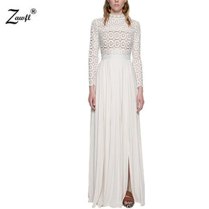 ZAWFL 2019 Hot sale women elegant white lace Long dress  spring hollow out high quality Long sleeve plus size party dress