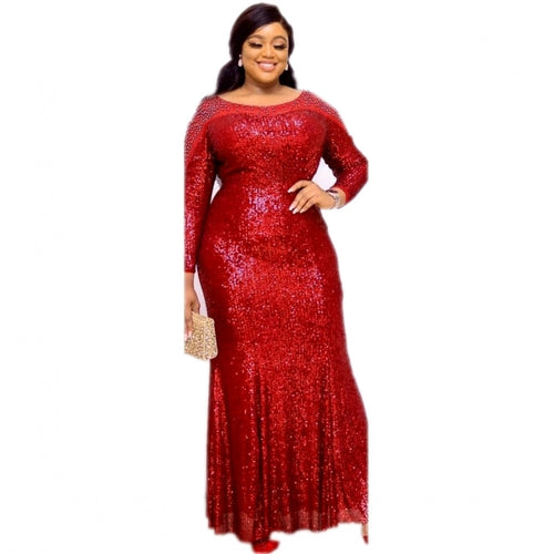 African Women Long Dress Sexy O-Neck Beads Skinny Prom Evening Fashion Plus Size Lace Elegant Party Wedding Evening Maxi Dress