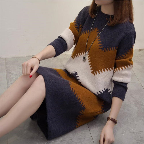 2019 Women Spring casual straight dress wave line patchwork full sleeve O-neck warm sweater dress Vestido plus size women dress