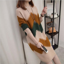 Load image into Gallery viewer, 2019 Women Spring casual straight dress wave line patchwork full sleeve O-neck warm sweater dress Vestido plus size women dress