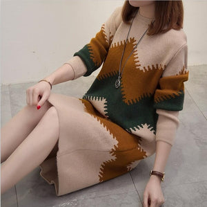 2019 Women Spring casual straight dress wave line patchwork full sleeve O-neck warm sweater dress Vestido plus size women dress