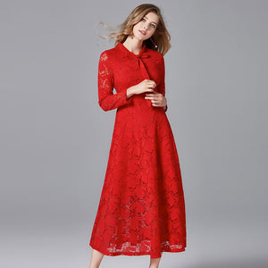 TAOYIZHUAI 2019 New Arrival Autumn Sweet Style Plus Size L Red Bow Dress Full Sleeves Ankle length A-Line Women Lace Dress 14218