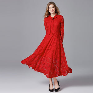 TAOYIZHUAI 2019 New Arrival Autumn Sweet Style Plus Size L Red Bow Dress Full Sleeves Ankle length A-Line Women Lace Dress 14218