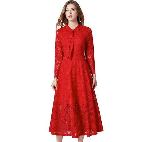 TAOYIZHUAI 2019 New Arrival Autumn Sweet Style Plus Size L Red Bow Dress Full Sleeves Ankle length A-Line Women Lace Dress 14218