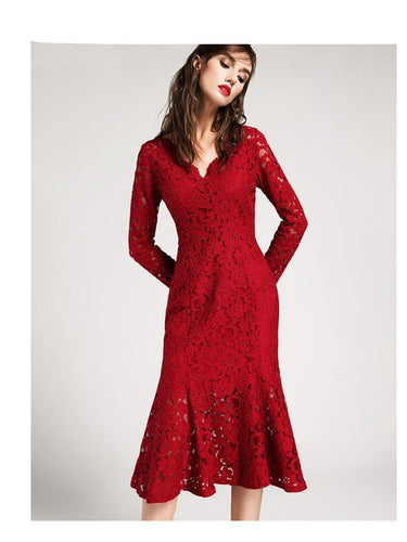 KMETRAM Elegant Slim Lace Mermaid Long Temperament Dress 2019 Simple Red Party Dresses Vestidos De Fiesta Plus Size 3XL HH731