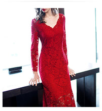 Load image into Gallery viewer, KMETRAM Elegant Slim Lace Mermaid Long Temperament Dress 2019 Simple Red Party Dresses Vestidos De Fiesta Plus Size 3XL HH731