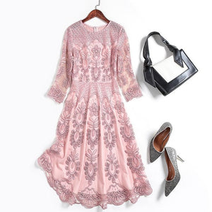 2020 Spring Fashion High End New Office Lady O Neck Embroidery Temperament Wrist Sleeves Plus Size Pink Mesh Dress Women