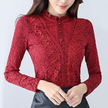 Load image into Gallery viewer, lace women blouse and shirts solid button turtleneck slim solid office lady plus size 4XL 5XL shirts thicken fleece warm tops