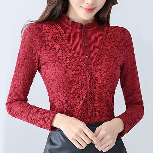 lace women blouse and shirts solid button turtleneck slim solid office lady plus size 4XL 5XL shirts thicken fleece warm tops