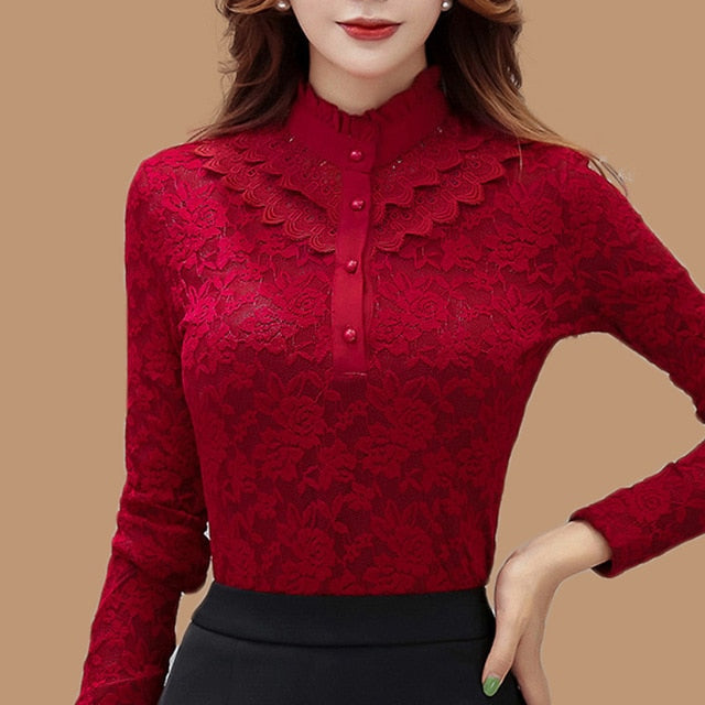 lace women blouse and shirts solid button turtleneck slim solid office lady plus size 4XL 5XL shirts thicken fleece warm tops