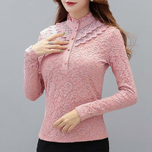 Load image into Gallery viewer, lace women blouse and shirts solid button turtleneck slim solid office lady plus size 4XL 5XL shirts thicken fleece warm tops