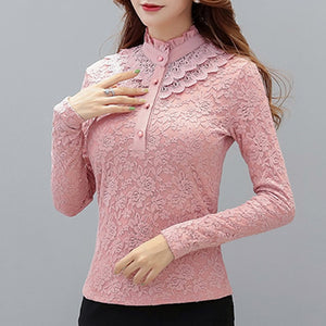 lace women blouse and shirts solid button turtleneck slim solid office lady plus size 4XL 5XL shirts thicken fleece warm tops