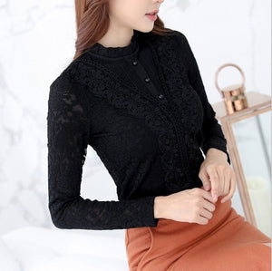 lace women blouse and shirts solid button turtleneck slim solid office lady plus size 4XL 5XL shirts thicken fleece warm tops