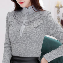 Load image into Gallery viewer, lace women blouse and shirts solid button turtleneck slim solid office lady plus size 4XL 5XL shirts thicken fleece warm tops