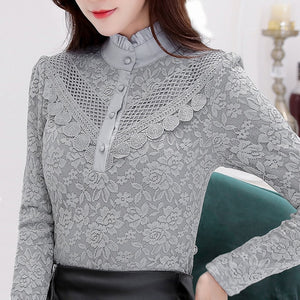 lace women blouse and shirts solid button turtleneck slim solid office lady plus size 4XL 5XL shirts thicken fleece warm tops