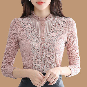 lace women blouse and shirts solid button turtleneck slim solid office lady plus size 4XL 5XL shirts thicken fleece warm tops