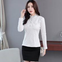 Load image into Gallery viewer, lace women blouse and shirts solid button turtleneck slim solid office lady plus size 4XL 5XL shirts thicken fleece warm tops