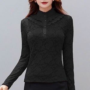 lace women blouse and shirts solid button turtleneck slim solid office lady plus size 4XL 5XL shirts thicken fleece warm tops