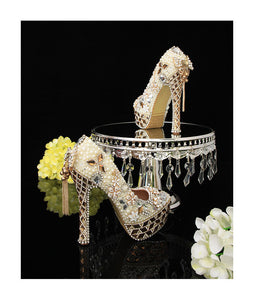 Luxury Beige Pearl Wedding shoes with matching bags 14cm high heels Platform shoes woman Party Dress shoes and bag set