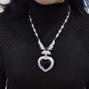 Luxury Fashion Silver Color Blue Gem Love Sweater Chain Full Zircon Ocean Heart Premium Pendant Necklace Jewelry Women