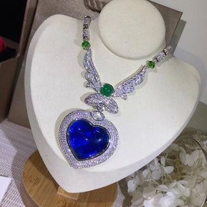 Luxury Fashion Silver Color Blue Gem Love Sweater Chain Full Zircon Ocean Heart Premium Pendant Necklace Jewelry Women