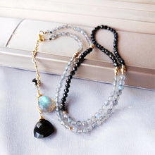 Load image into Gallery viewer, LiiJi Unique Genuine Labradorite Black Spinel Drop Charm Sparkling Beads US Goldfilled Chain Delicated Handmade Necklace 45+6cm