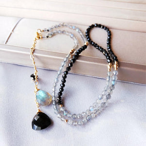 LiiJi Unique Genuine Labradorite Black Spinel Drop Charm Sparkling Beads US Goldfilled Chain Delicated Handmade Necklace 45+6cm