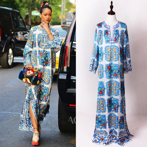 S-4XL 2019 new European and American large size women's dress blue and white porcelain printedcover meat sunscreen beac dress