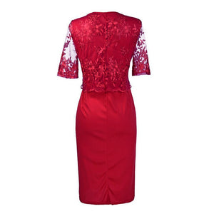 OTEN Elegant Party Dresses Women Plus Size Patchwork Half Sleeves Lace Embroidery 2019 New Autumn Slim O-Neck Pencil Mid Red 5XL