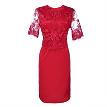 Load image into Gallery viewer, OTEN Elegant Party Dresses Women Plus Size Patchwork Half Sleeves Lace Embroidery 2019 New Autumn Slim O-Neck Pencil Mid Red 5XL