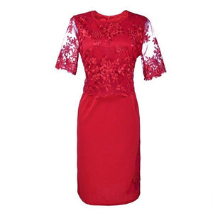 OTEN Elegant Party Dresses Women Plus Size Patchwork Half Sleeves Lace Embroidery 2019 New Autumn Slim O-Neck Pencil Mid Red 5XL