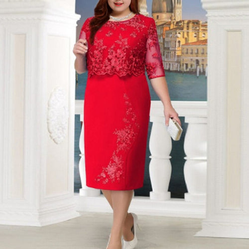 OTEN Elegant Party Dresses Women Plus Size Patchwork Half Sleeves Lace Embroidery 2019 New Autumn Slim O-Neck Pencil Mid Red 5XL