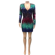 Load image into Gallery viewer, OTEN 2019 Autumn New Club Party Sexy Bag Hip Mini Dress Women Deep V-Neck Sequin Multicolor Long Sleeves Ladies Patchwork Party