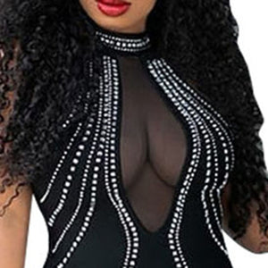 Sexy Black See Through Mesh Bodycon Party Club Dresses Club Tight Sleeveless Backless African Ladies Diamonds Rhinestone Dress